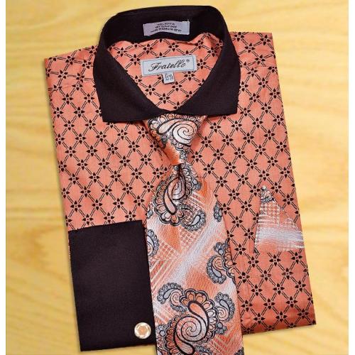 Fratello Coral / Black Diamond Weave Design 100% Cotton Shirt / Tie / Hanky Set With Free Cufflinks FRV4126P2.